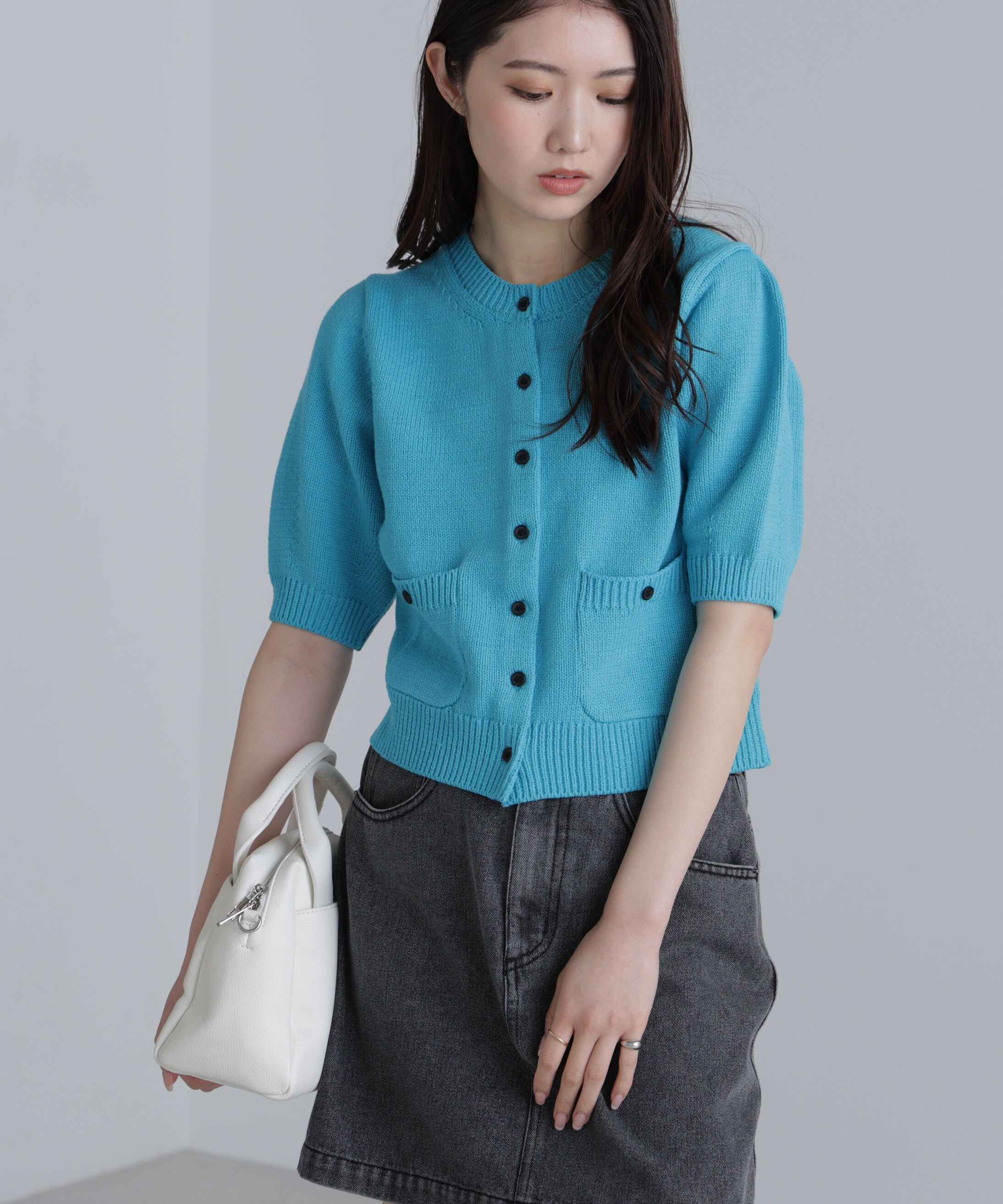  「フロントポケット半袖カーディガン」|ニット・セーター|ブルー