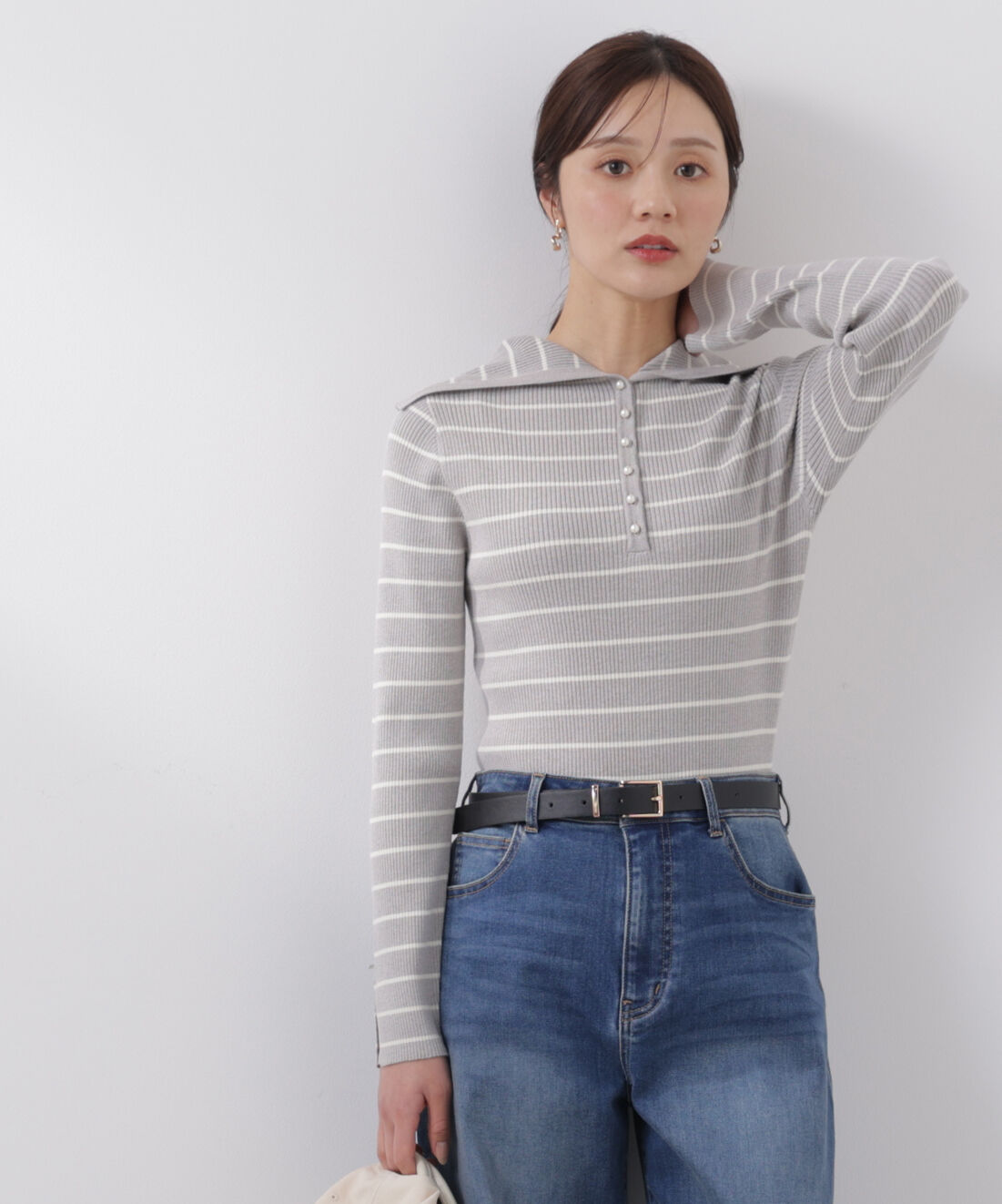 PROPORTION BODY DRESSING「〈a/mie〉ビッグカラーリブニット　　26SS」|カーディガン|トップグレー 1