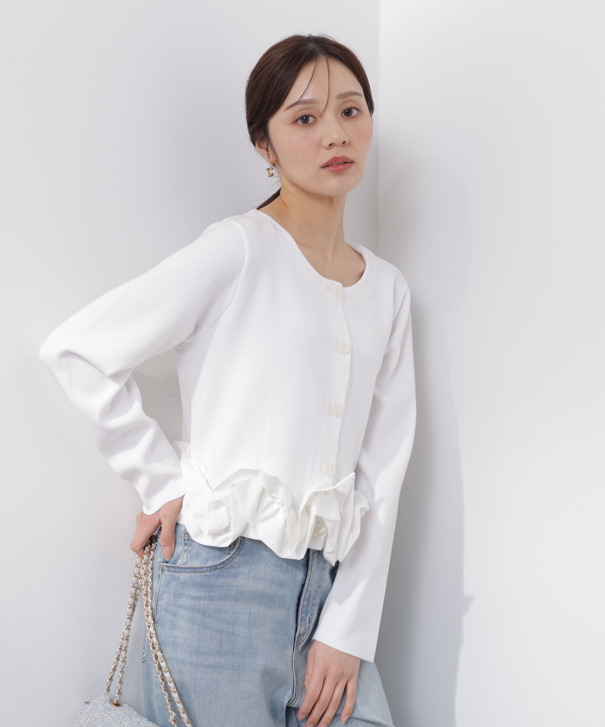 PROPORTION BODY DRESSING「〈a/mie〉ホイップペプラムニット　26SS」|カーディガン|ホワイト