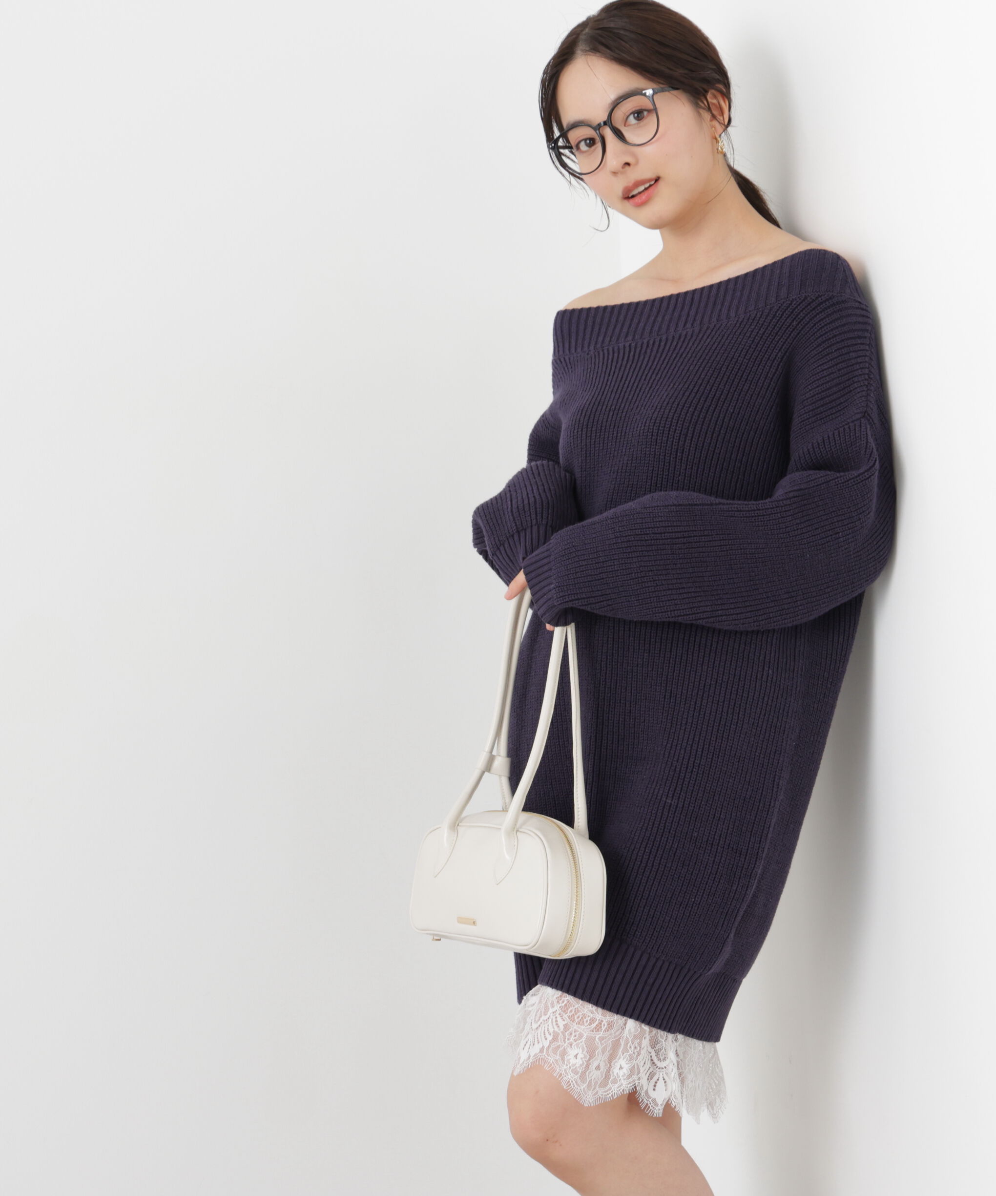 PROPORTION BODY DRESSING「《EDIT COLOGNE》スプリングレースレイヤード風ニットワンピース　26SS」|ワンピース|ネイビー