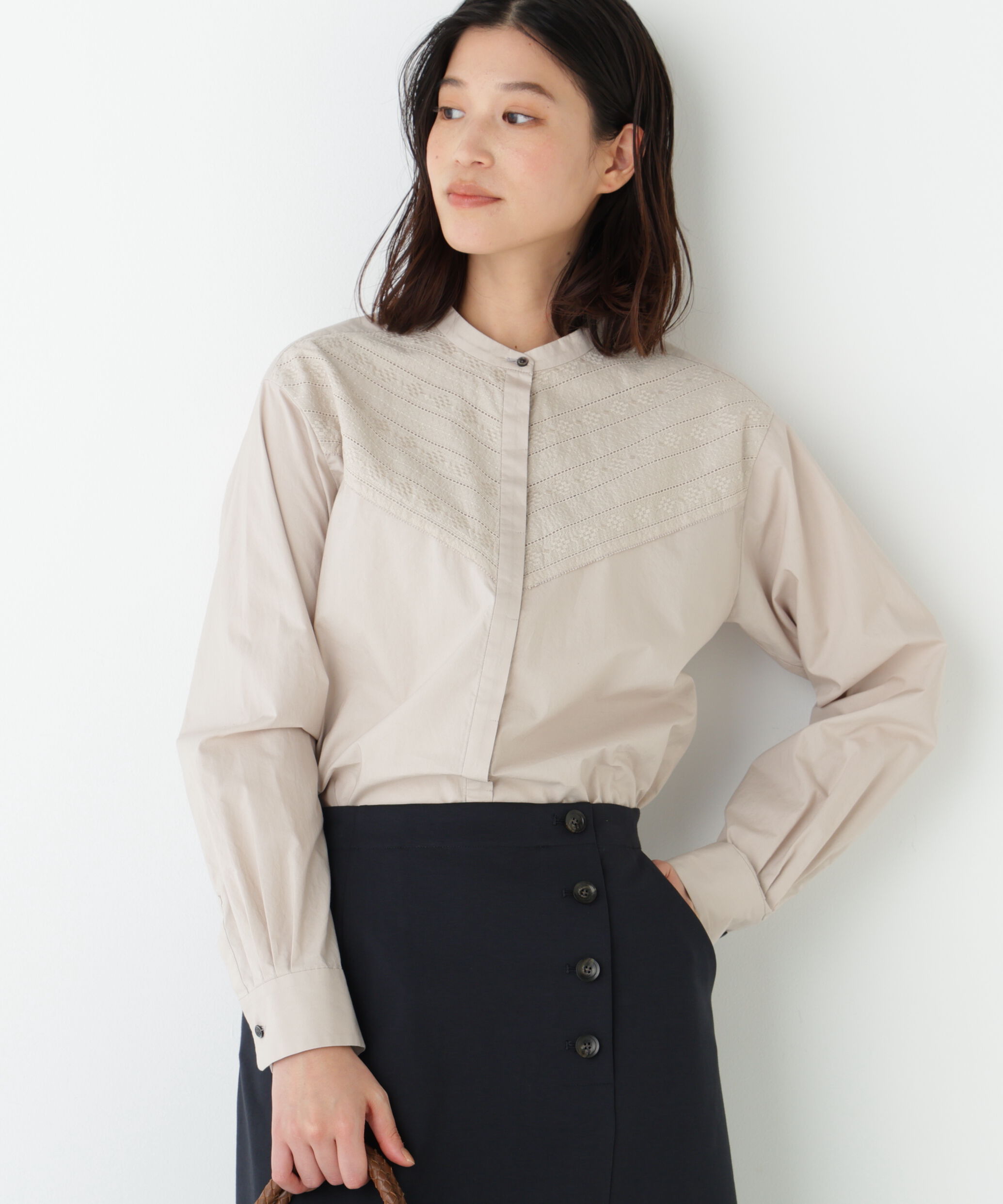  「◆レースドッキングバンドカラーブラウス」|シャツ・ブラウス|