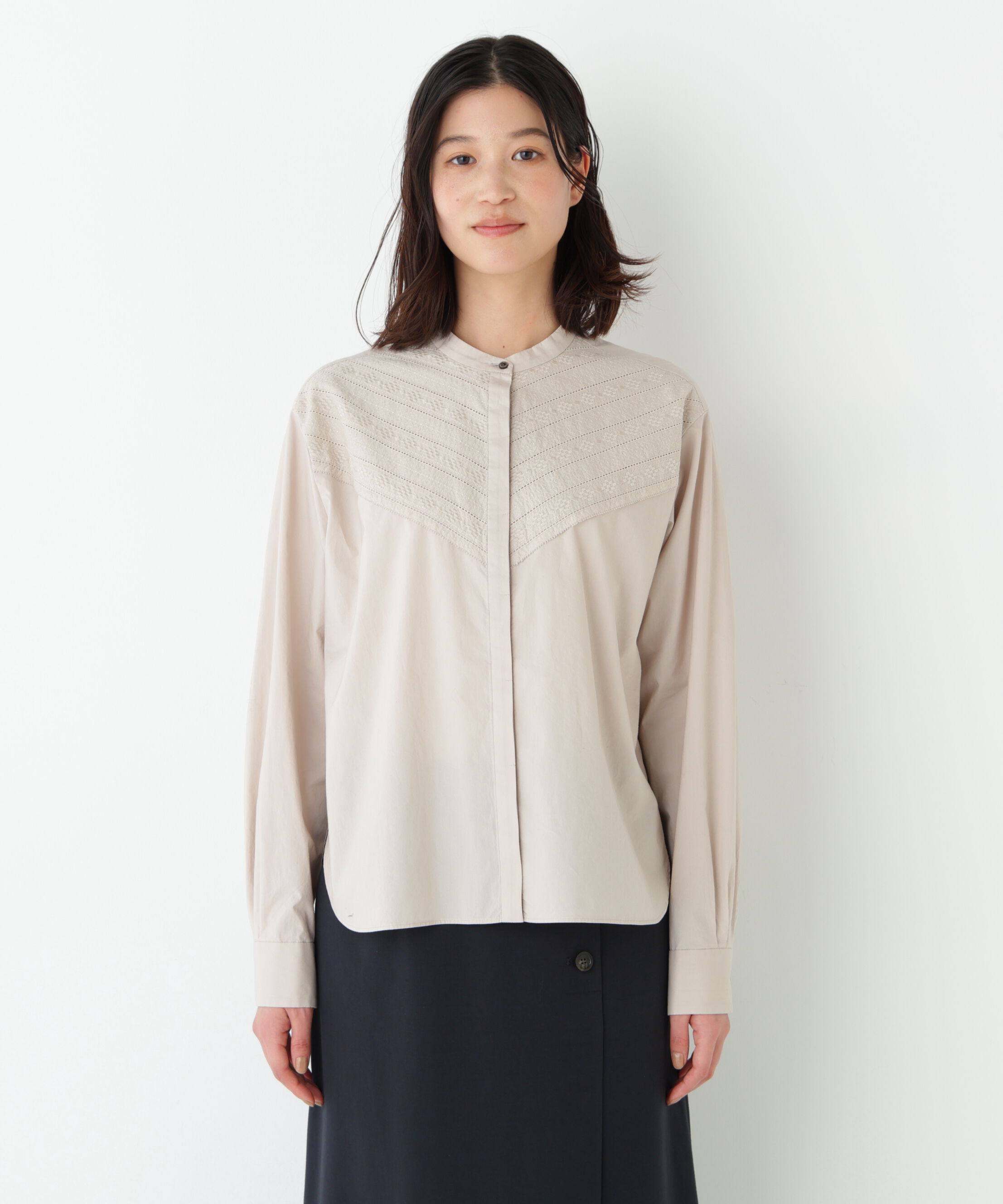  「◆レースドッキングバンドカラーブラウス」|シャツ・ブラウス|