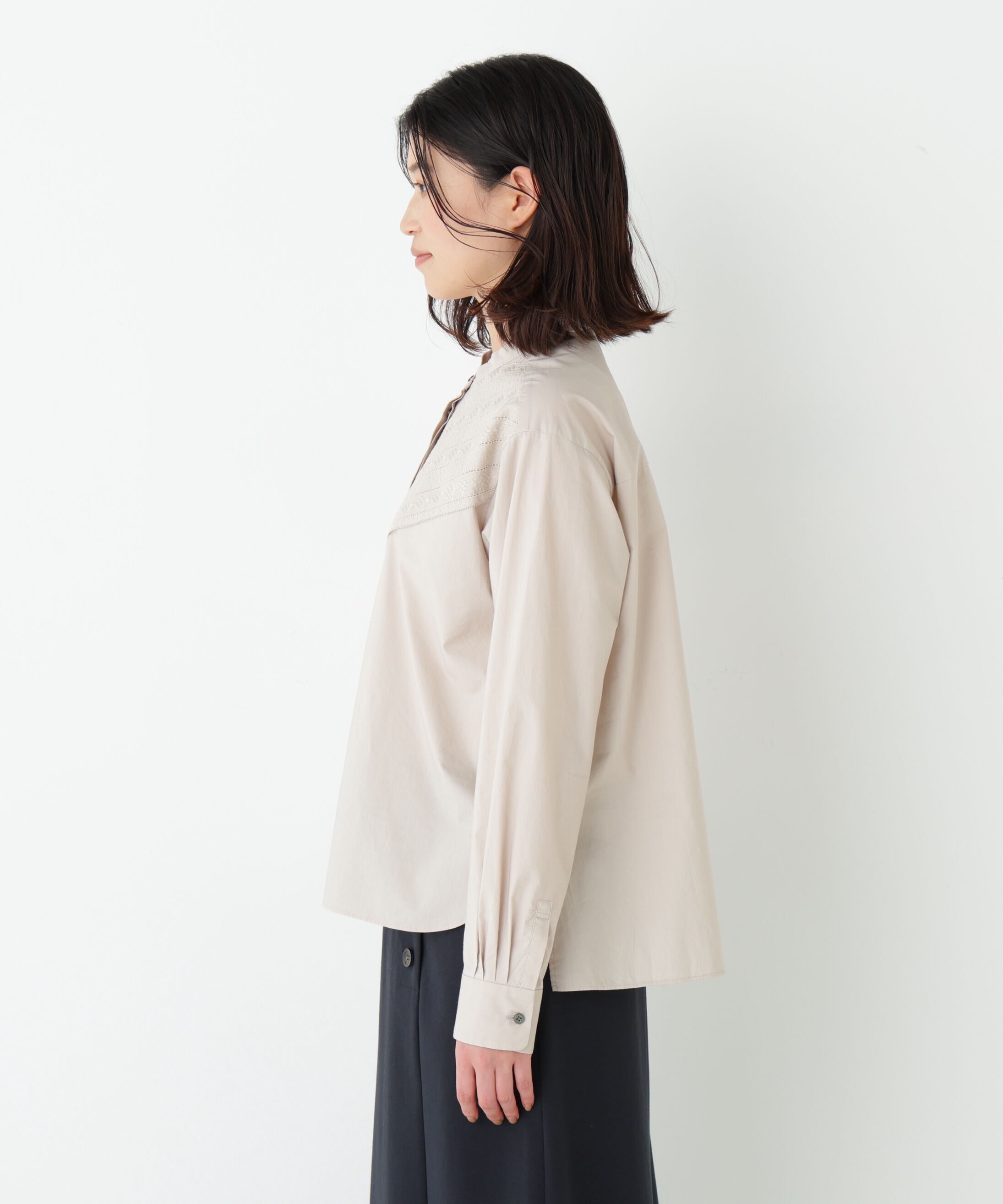  「◆レースドッキングバンドカラーブラウス」|シャツ・ブラウス|