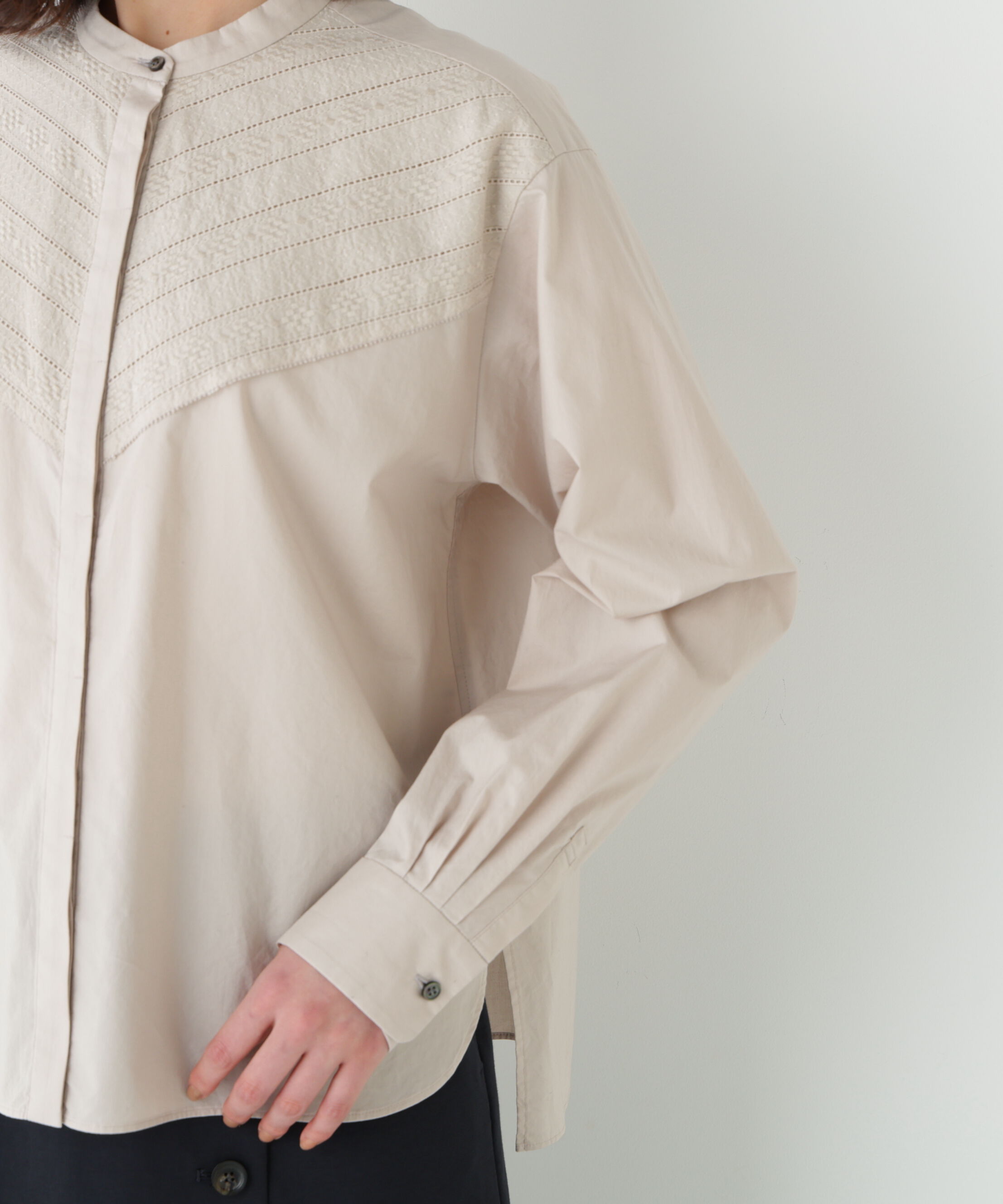  「◆レースドッキングバンドカラーブラウス」|シャツ・ブラウス|