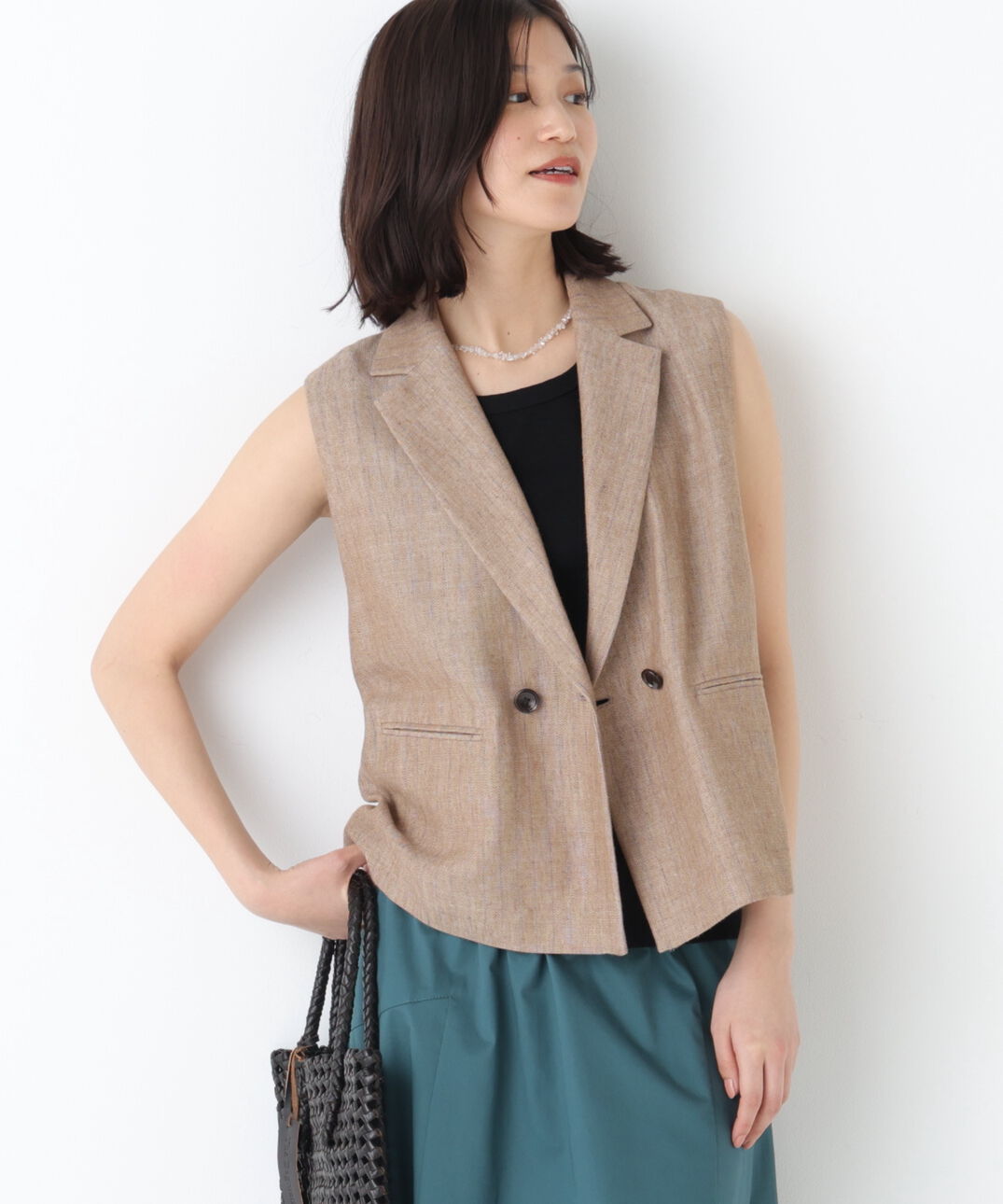  「◆ドライタッチリネン混ショートジレ」|ブルゾン・スタジャン|ベージュxブル3