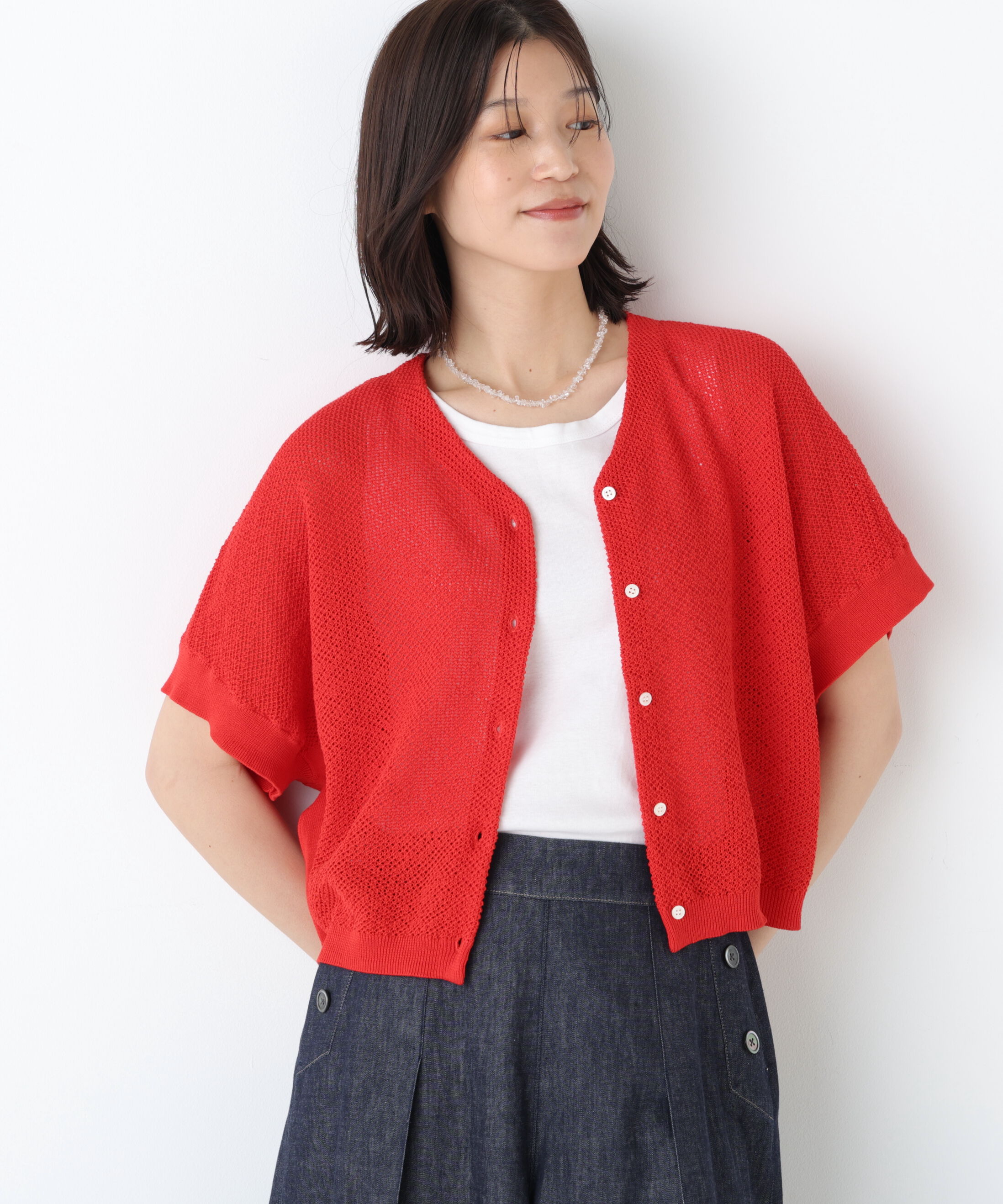  「◆メッシュ柄ニットジレ」|ニット・セーター|レッド