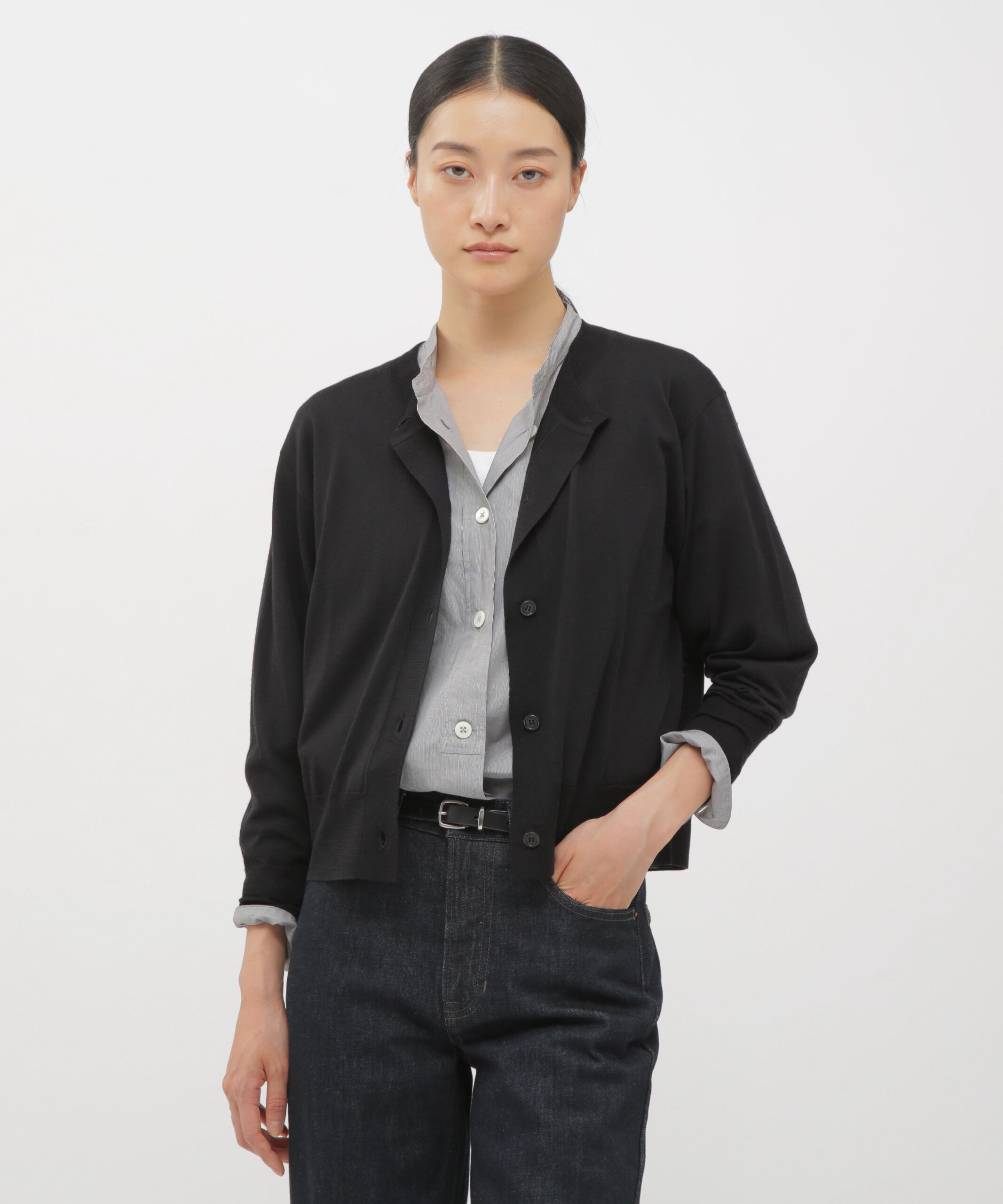  「WASHABLE WOOL KNITWEAR」|カーディガン|BLACK