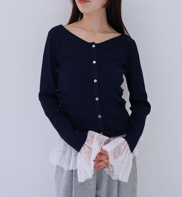 archives「レースドッキングギャザーニットカーディガン」|カーディガン|NAVY