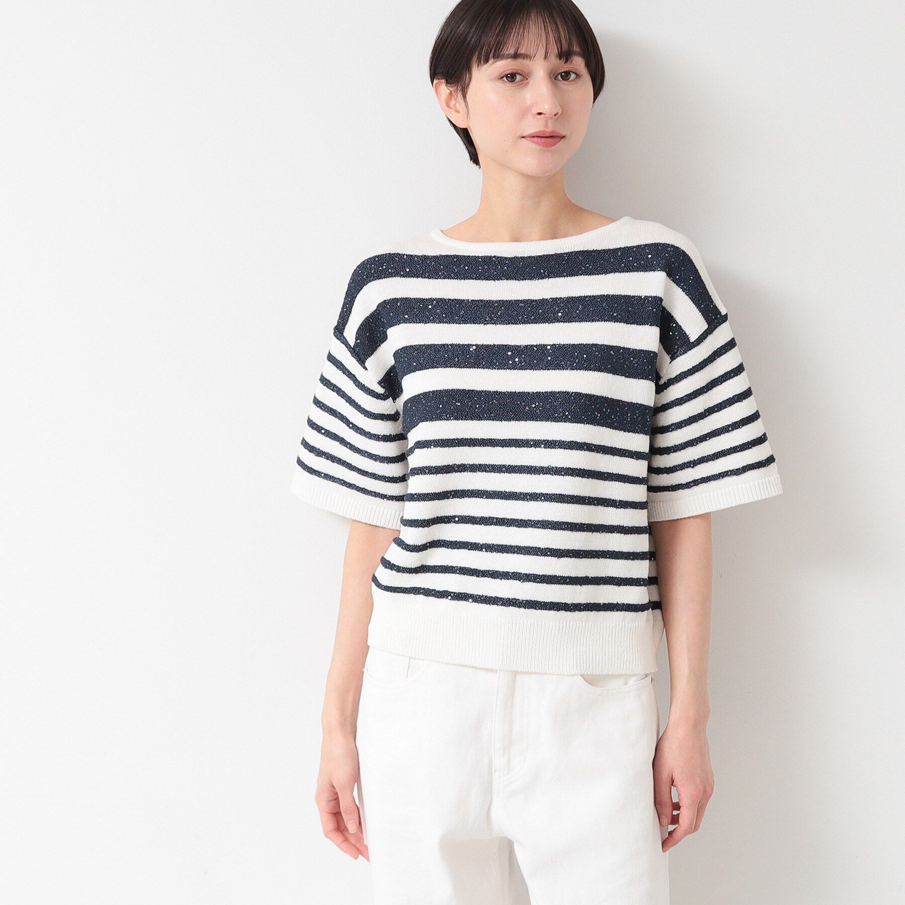 Dessin「【洗える】スパンコールラメボーダーニット」|ニット・セーター|