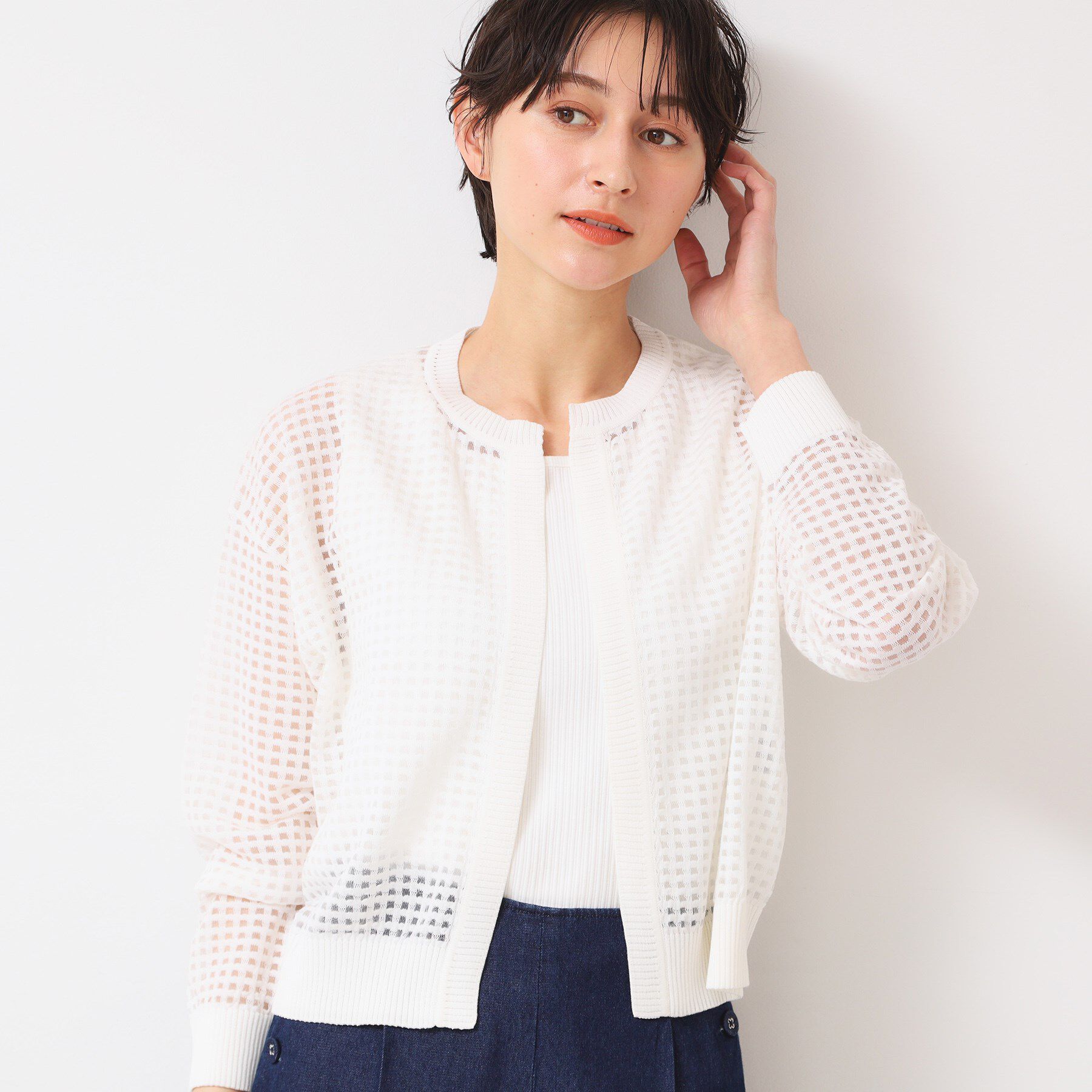 Dessin「【洗える】チェック柄シアークルーネックカーディガン」|カーディガン|