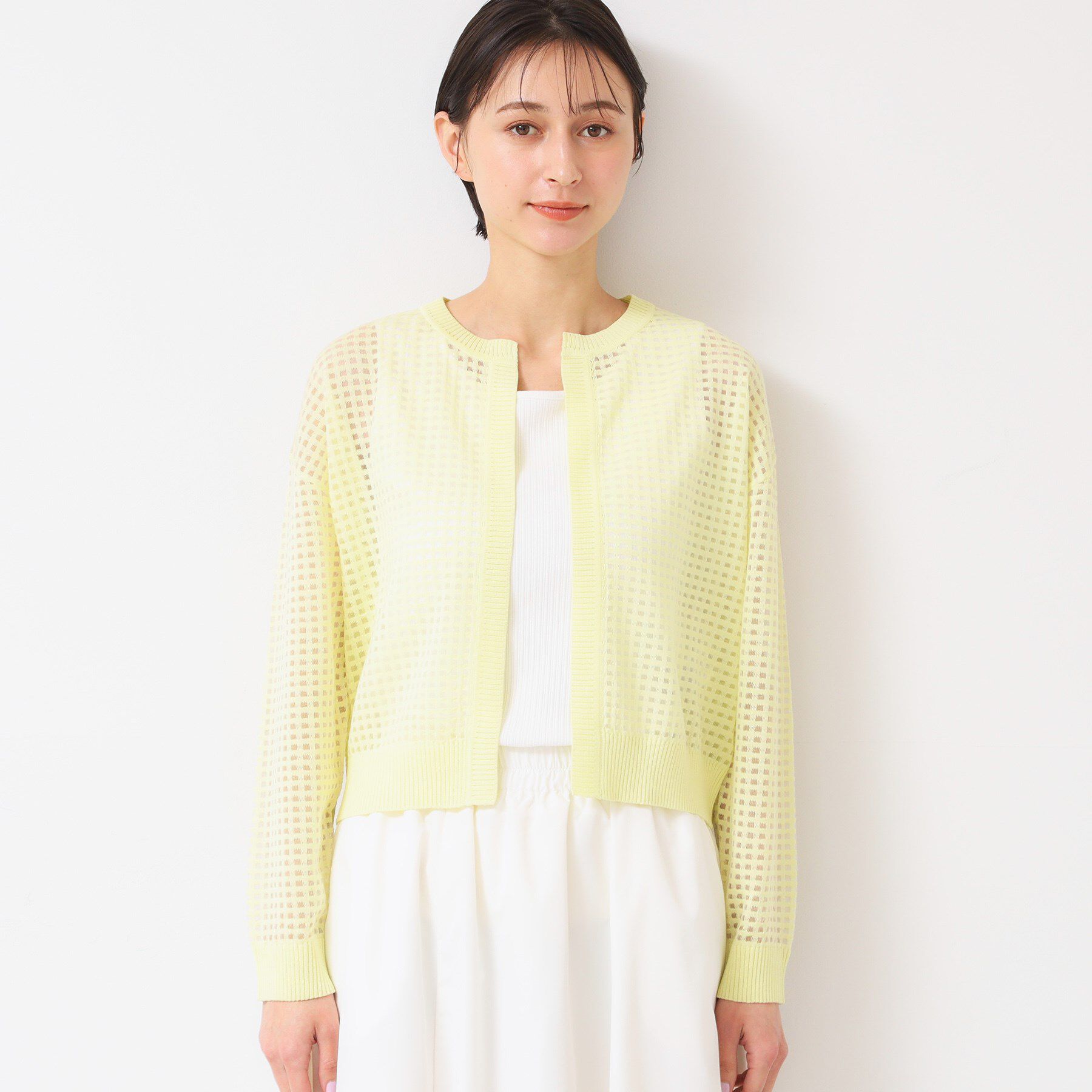 Dessin「【洗える】チェック柄シアークルーネックカーディガン」|カーディガン|