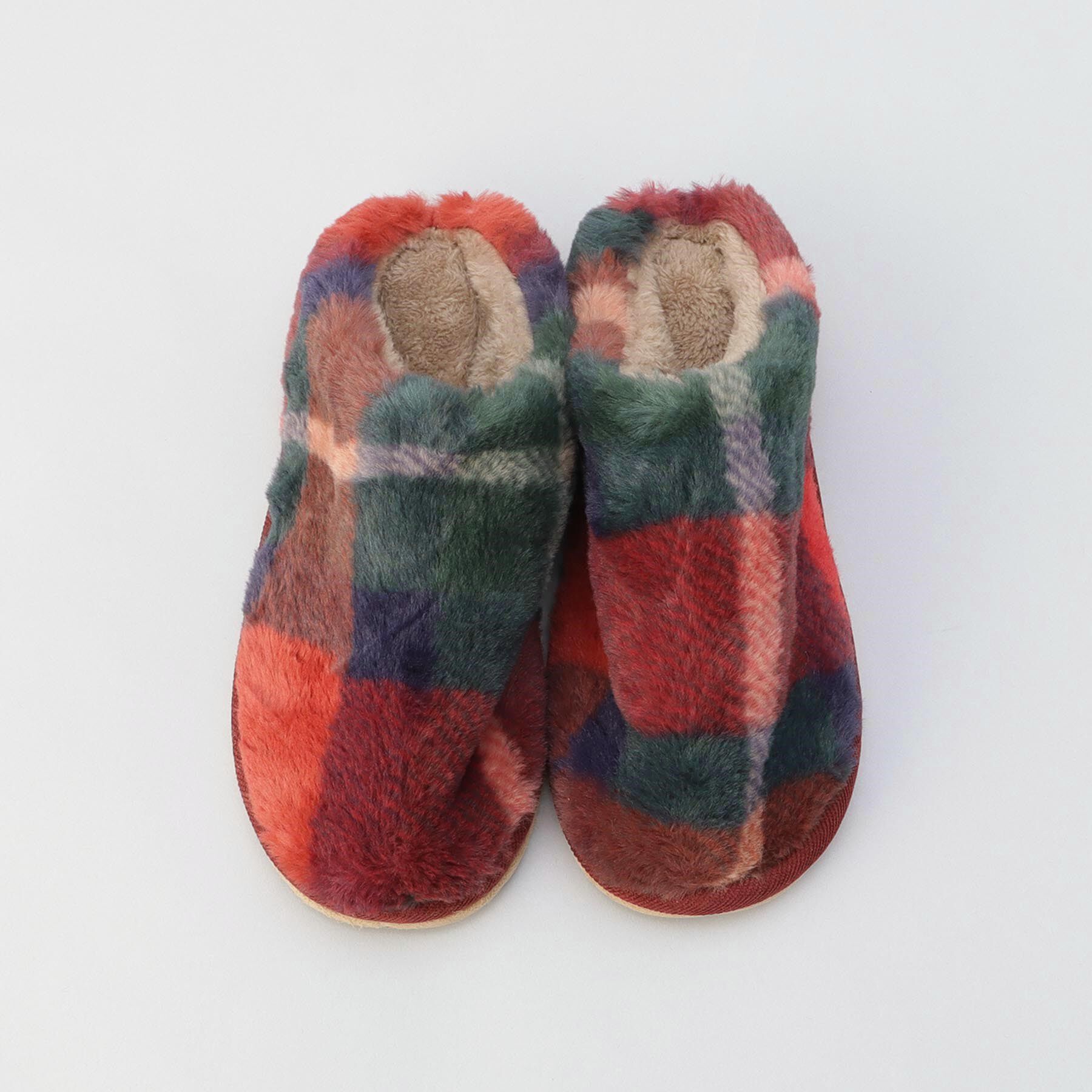 212 KITCHEN STORE「チェックファー スリッパ レッド」|クッション・クッションカバー|