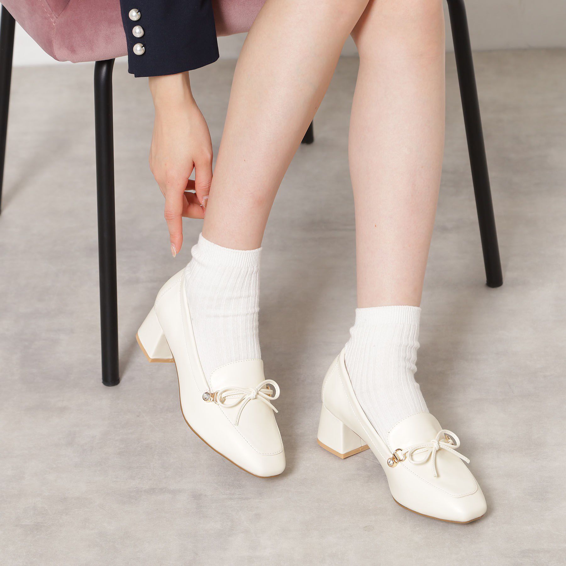 ESPERANZA「ビジュー付リボンローファー」|パンプス|アイボリー(004)