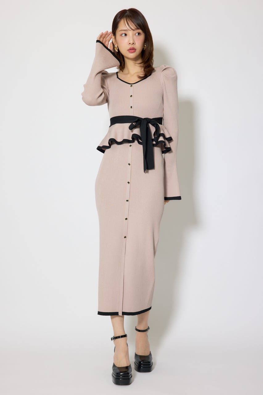 rienda「配色ペプラムタイトニットワンピース」|ワンピース|BEG