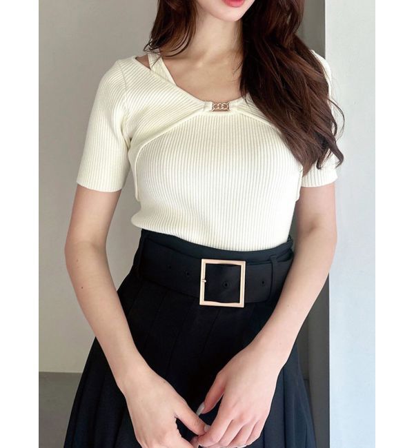 RESEXXY「GOLDパーツリブニットトップス」|ニット・セーター|ホワイト