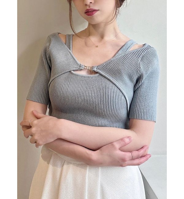 RESEXXY「GOLDパーツリブニットトップス」|ニット・セーター|ブルー