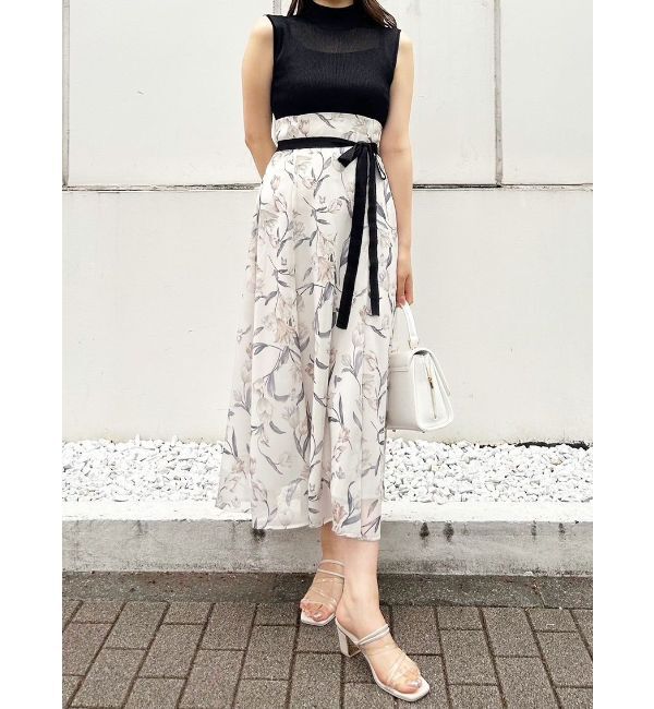 MERCURYDUO「シアーノースリニット花柄ドッキングワンピース」|ワンピース|