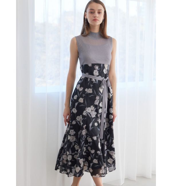 MERCURYDUO「シアーノースリニット花柄ドッキングワンピース」|ワンピース|