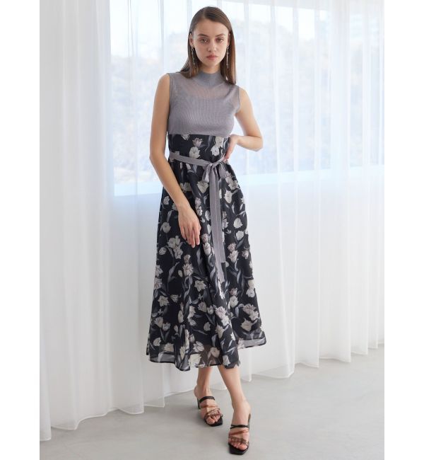 MERCURYDUO「シアーノースリニット花柄ドッキングワンピース」|ワンピース|