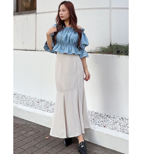 MERCURYDUO「デニム2WAYオフショル五分袖シャーリングブラウス」|シャツ・ブラウス|