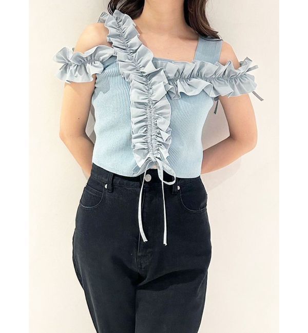 MERCURYDUO「異素材シャーリングフリルニット」|ニット・セーター|