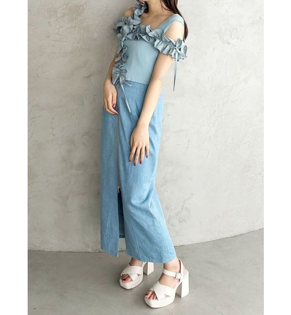 MERCURYDUO「異素材シャーリングフリルニット」|ニット・セーター|