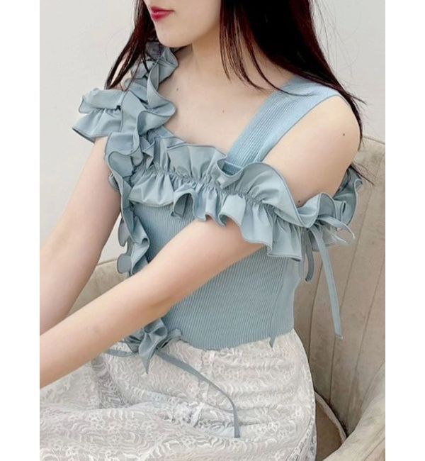 MERCURYDUO「異素材シャーリングフリルニット」|ニット・セーター|