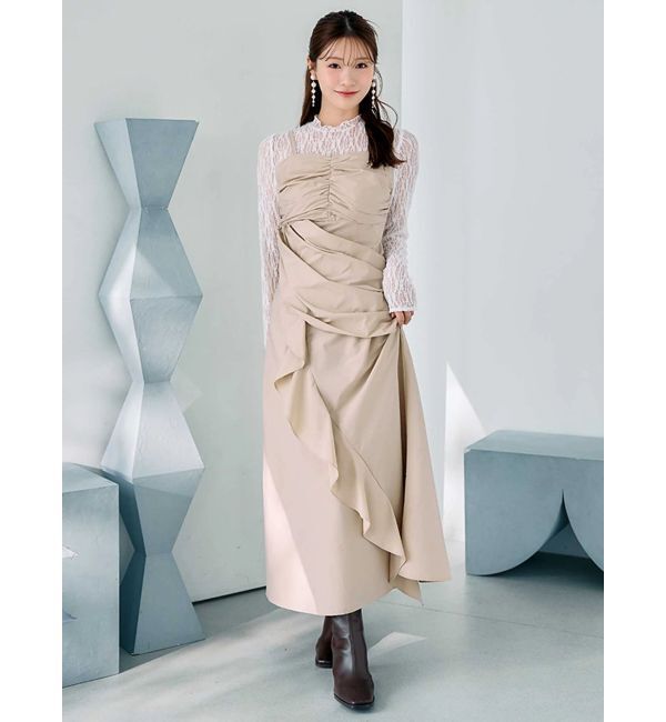 MERCURYDUO「ギャザードレープドッキングワンピース」|ワンピース|ベージュ