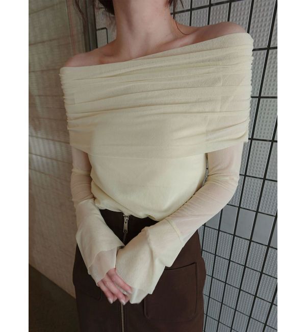 LAGUNAMOON「フレアスリーブオフショルチュールトップス」|Tシャツ・カットソー|イエロー