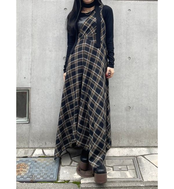 EVRIS「フェイクレザードッキングチェックロングワンピース」|ワンピース|ブラック