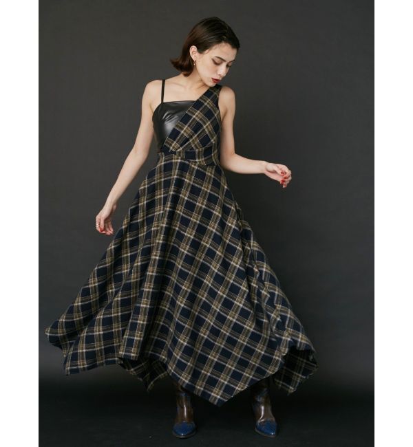 EVRIS「フェイクレザードッキングチェックロングワンピース」|ワンピース|