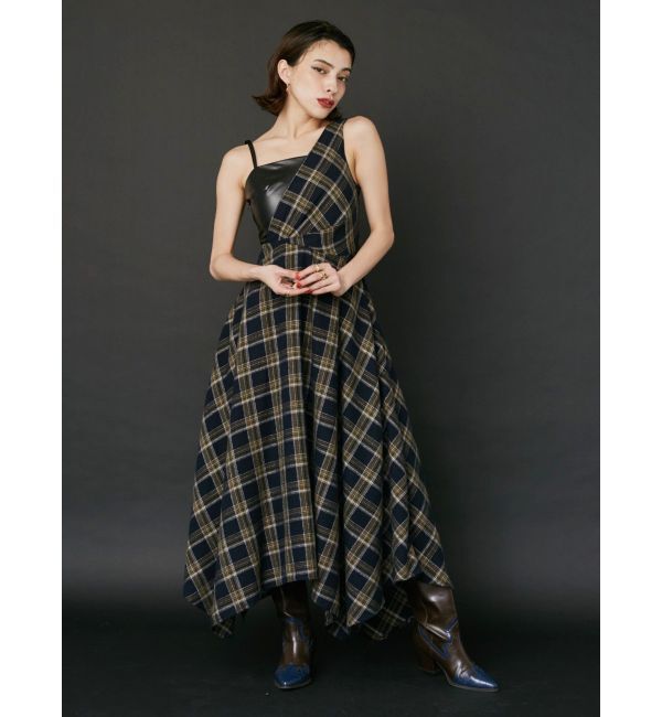 EVRIS「フェイクレザードッキングチェックロングワンピース」|ワンピース|