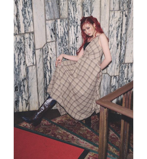 EVRIS「フェイクレザードッキングチェックロングワンピース」|ワンピース|