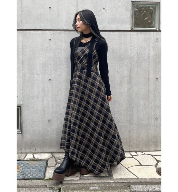 EVRIS「フェイクレザードッキングチェックロングワンピース」|ワンピース|