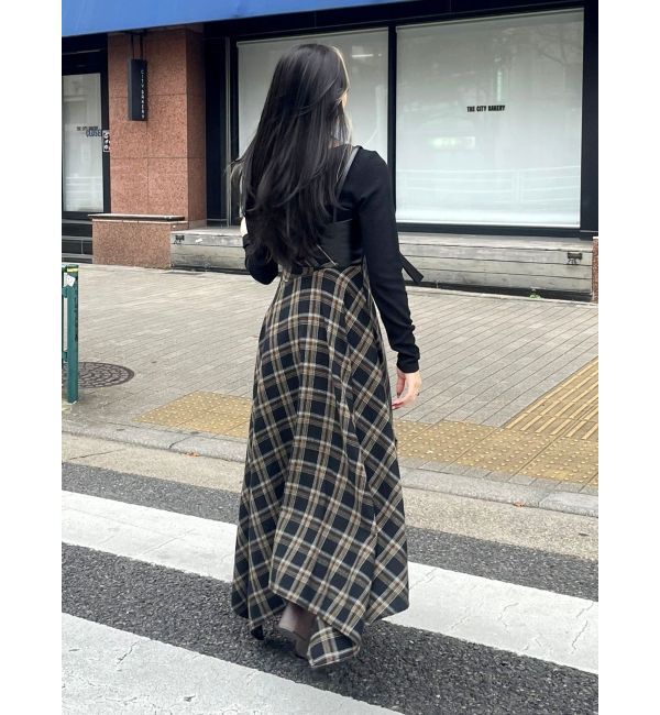 EVRIS「フェイクレザードッキングチェックロングワンピース」|ワンピース|