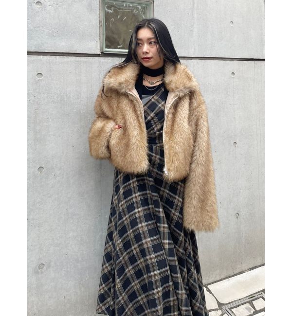 EVRIS「フェイクレザードッキングチェックロングワンピース」|ワンピース|