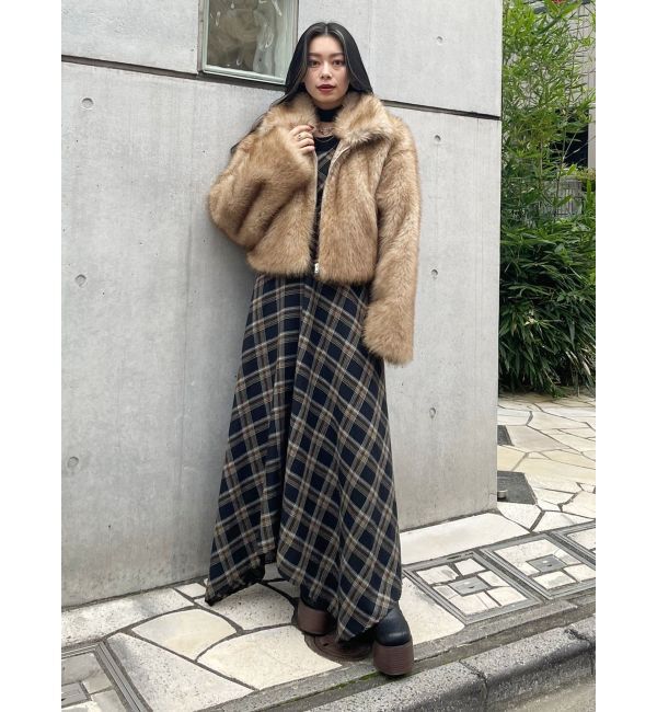 EVRIS「フェイクレザードッキングチェックロングワンピース」|ワンピース|