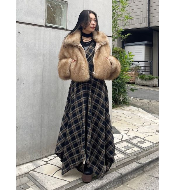 EVRIS「フェイクレザードッキングチェックロングワンピース」|ワンピース|