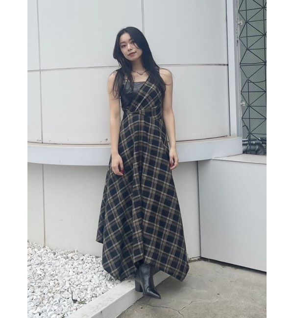 EVRIS「フェイクレザードッキングチェックロングワンピース」|ワンピース|