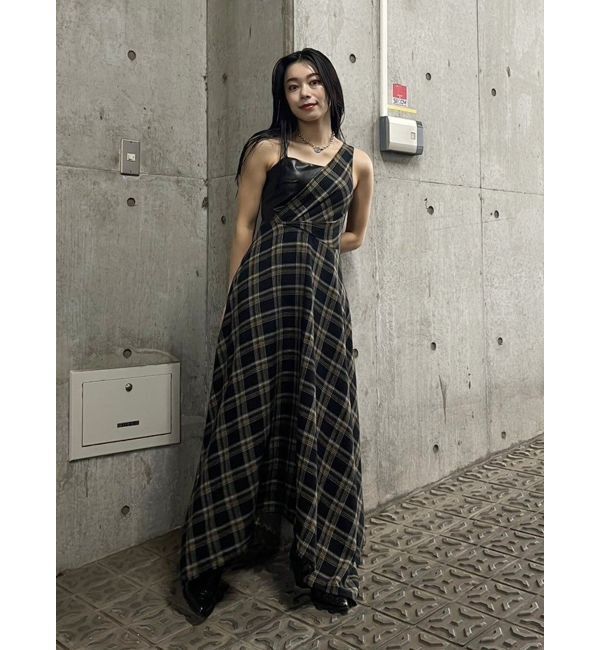 EVRIS「フェイクレザードッキングチェックロングワンピース」|ワンピース|