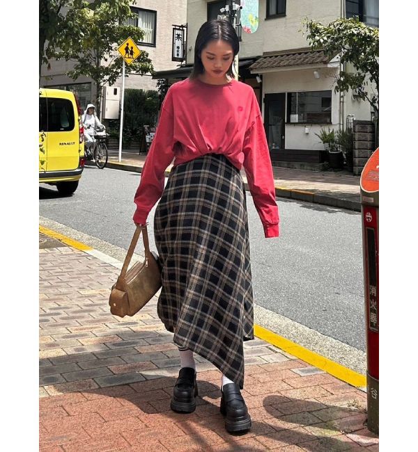 EVRIS「フェイクレザードッキングチェックロングワンピース」|ワンピース|