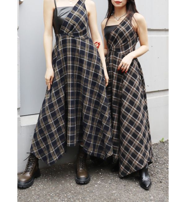EVRIS「フェイクレザードッキングチェックロングワンピース」|ワンピース|