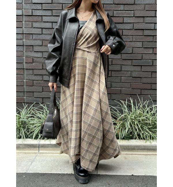 EVRIS「フェイクレザードッキングチェックロングワンピース」|ワンピース|