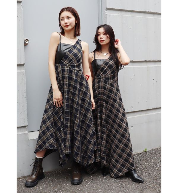 EVRIS「フェイクレザードッキングチェックロングワンピース」|ワンピース|