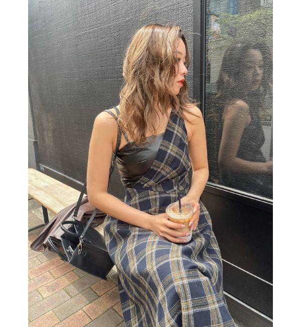 EVRIS「フェイクレザードッキングチェックロングワンピース」|ワンピース|