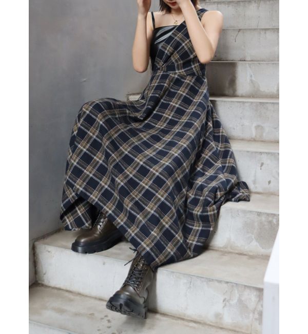 EVRIS「フェイクレザードッキングチェックロングワンピース」|ワンピース|