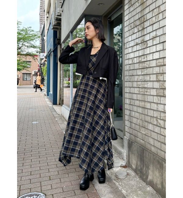 EVRIS「フェイクレザードッキングチェックロングワンピース」|ワンピース|