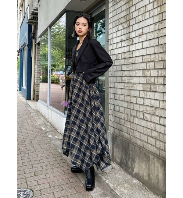 EVRIS「フェイクレザードッキングチェックロングワンピース」|ワンピース|