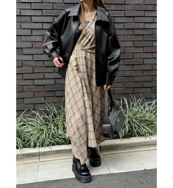 EVRIS「フェイクレザードッキングチェックロングワンピース」|ワンピース|