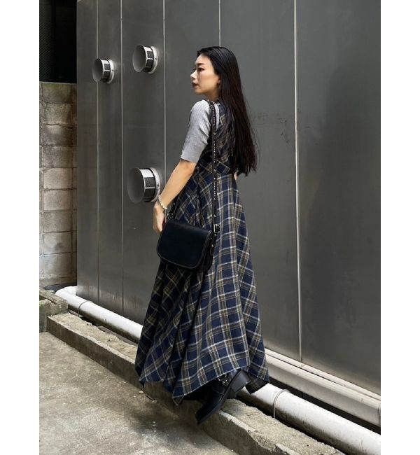 EVRIS「フェイクレザードッキングチェックロングワンピース」|ワンピース|